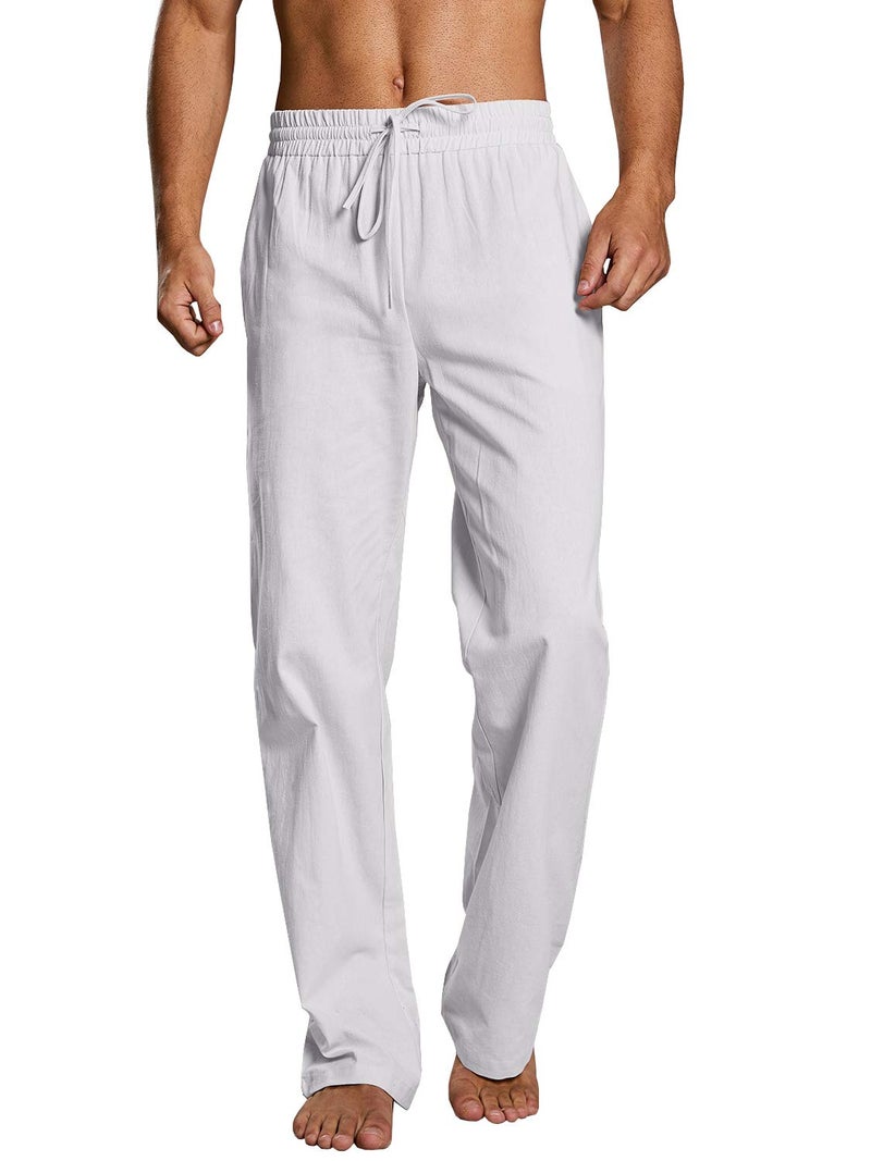 PASLTER Mens Casual Linen Pants Loose Fit Straight-Legs Elastic Drawstring Waist Summer Beach Yoga Long Pants B-White - Image 1